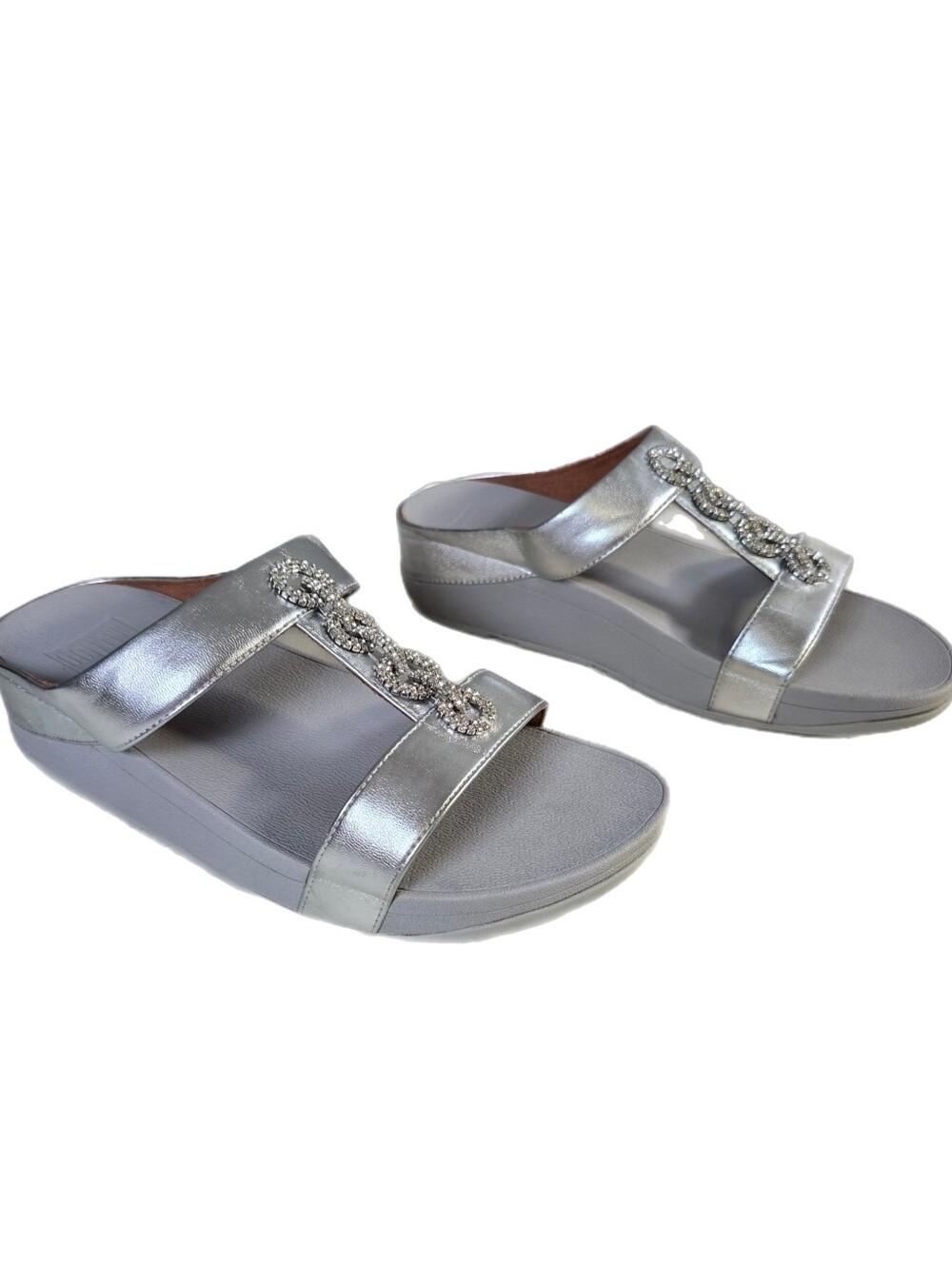 Fitflop Fino Sparkle Silver Crystal Embellished Slides Sandals Women's Size 8